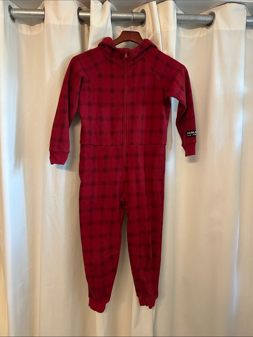 Youth hooded red plaid sweatsuit onesie